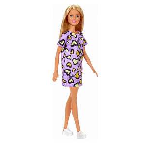 Barbie Bambola Bionda con Abito Viola con Cuoricini Gialli, Giocattolo per Bambini 3+ Anni, GHW45