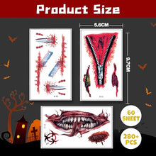 Carica l'immagine nel visualizzatore di Gallery, Tatuaggi Temporanei Halloween, 280+PCS/60Fogli Trucco Adesivo Viso Halloween - Halloween Zombie Scar Tattoos con Sangue Finto, Cicatrici Finte, Costume Speciale Trucco per Bambini Adulti Cosplay