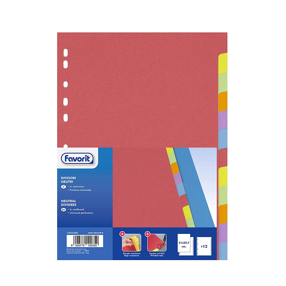 Favorit 100204882 Divisori a Foratura Universale per Raccoglitori ad Anelli con 12 Tacche Neutre Colorate Personalizzabili, Formato Interno A4, in Cartoncino da 225 g/m²