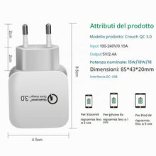 Carica l'immagine nel visualizzatore di Gallery, Caricatore USB da Muro 5V-3.0A - 9V-2A - 12V-1,6A Universale Quick Charge 3.0 Veloce Caricabatterie Alimentatore Presa P