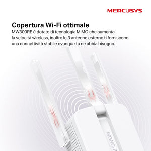 Mercusys TP-Link MW300RE Ripetitore Wireless Wifi Extender e Access Point, Velocità Single Band 300 Mbps, Tre Antenne Esterne, Tecnologia Mimo, Potenzia Copertura Wi-Fi