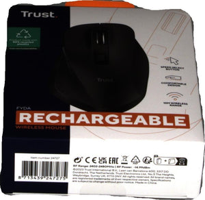 Trust Fyda Mouse Wireless Ricaricabile, Design Sostenibile, 800-2400 DPI, 6 Pulsanti, 2,4 GHz, Ricevitore USB, Mouse Ergonomico senza Filo per Laptop, PC, Computer, Macbook, Ufficio - Nero