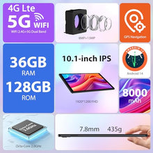 Carica l&#39;immagine nel visualizzatore di Gallery, PIXPEAK Tablet 10 pollici 4G lte e 5G WiFi, Android 14.0 Octa-Core 2.0GHz, 36GB RAM, 128GB ROM (1TB Espandibile), INCELL 1920 * 1200, 13MP+8MP, Tablet in offerta con Tastiera etc, GPS/Bluetooth, Nero