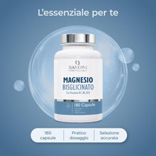 Carica l'immagine nel visualizzatore di Gallery, Bandini® Magnesio Bisglicinato 180 Capsule (2 mesi), 350 mg di Glicinato, Chelato per dose arricchito di Vitamina B1, B6, B12 Anti stress e fatica, Integratore per Sistema Nervoso, 100% Vegan
