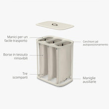 Carica l'immagine nel visualizzatore di Gallery, Joseph Joseph Tota - Cesto separatore porta biancheria bucato, 90 litri, con coperchio, 3 sacchi rimovibili con manici, Beige