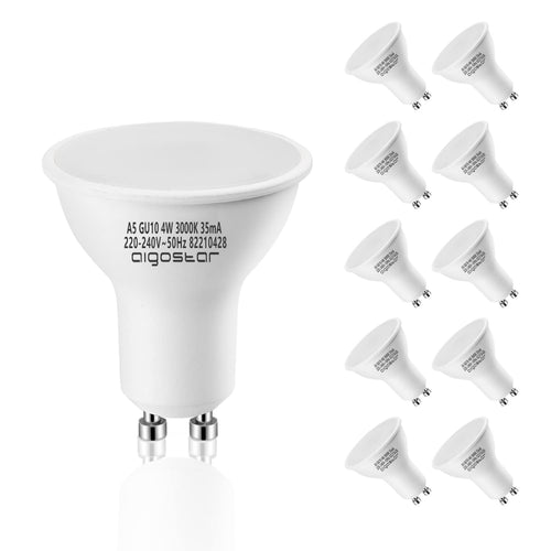 Aigostar Lampadina LED GU10 4W, Luce Bianca Calda 3000K 320 Lumen, Angolo a Fascio 120-160 Gradi, Nessun Sfarfallio, Pacco da 10