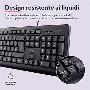 Trust Taro Tastiera USB Cablata, Layout Italiano QWERTY, Tastiera PC con Filo per Computer/Laptop/Notebook, Mac/Windows, Cavo di 1.8 Metri, Resistente ai Liquidi, Ergonomico - Nero