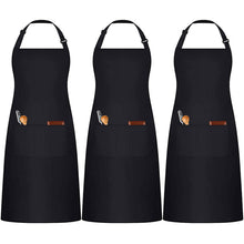 Carica l'immagine nel visualizzatore di Gallery, 3 Pezzi Nero Grembiule, Regolabili Cuoco Grembiule con 3 Tasche per Donna Uomo, Professionale Lavoro Grembiule per Cucin