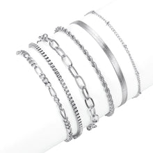 Carica l&#39;immagine nel visualizzatore di Gallery, SIRLOMU 6 Pz Braccialetti per Donna 14 Carati Placcato Oro Twist Figaro Regolabile Set di Gioielli Moda (Argento)