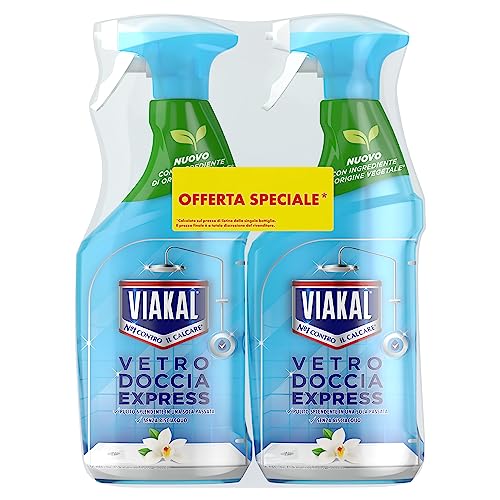 Viakal Vetro Doccia Spray Anticalcare, Doppia Confezione (2 x 720ml), Fragranza Orchidea Bianca, Tecnologia Anti-Goccia, Elimina Fino Calcare e Residui di Sapone, Brillantezza a Lungo