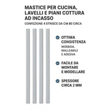 Carica l'immagine nel visualizzatore di Gallery, FERROELETTRA Guarnizione cucina piano cottura e lavello, mastice adesivo top cucina, 4 strisce da 80 cm, spessore 2 mm, 