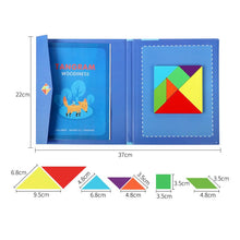 Carica l'immagine nel visualizzatore di Gallery, NIWWIN Tangram magnetico di legno, gioco di puzzle, giocattoli da costruzione, gioco di viaggio, esercizio mentale, libro QI con soluzioni, giocattolo educativo per bambini,3 4 5 6 anni. (blu)