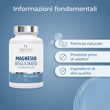 Carica l'immagine nel visualizzatore di Gallery, Bandini® Magnesio Bisglicinato 180 Capsule (2 mesi), 350 mg di Glicinato, Chelato per dose arricchito di Vitamina B1, B6, B12 Anti stress e fatica, Integratore per Sistema Nervoso, 100% Vegan