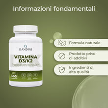 Carica l'immagine nel visualizzatore di Gallery, Bandini® Vitamina D3 K2 | 365 COMPRESSE (12 Mesi) | Vitamina D 2000 UI +