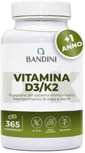 Carica l'immagine nel visualizzatore di Gallery, Bandini® Vitamina D3 K2 | 365 COMPRESSE (12 Mesi) | Vitamina D 2000 UI +