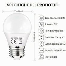 Carica l'immagine nel visualizzatore di Gallery, Lampadine LED E27 3W (equivalente a 25 W) Luce Bianca Calda 3000K 260 Lumen, Mini Globo Lampadina, non dimmerabili, Pacc