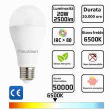 Carica l'immagine nel visualizzatore di Gallery, Lampadina LED A65 E27 20W - [SUPER LUMINOSA 2500 LUMEN] - (Equivalente a 153W) - Luce Bianca Fredda 6500K - Non Dimmerab