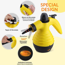 Carica l'immagine nel visualizzatore di Gallery, Bakaji Pulitore a Vapore Portatile Potenza 1050W Pressione 3,2 BAR 28g/min Serbatoio 300ml Riscaldamento Rapido con Beccuccio Girevole 360 Gradi Blocco di Sicurezza e Accessori Pulizia Casa (Giallo)