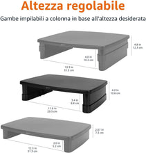 Carica l'immagine nel visualizzatore di Gallery, Amazon Basics Supporto Rialzato per Monitor Regolabile in Altezza con Organizer, Design Impilabile a 3 Livelli, Plastica ABS, Supporta fino a 10,0kg, per Monitor e Laptop, Nero