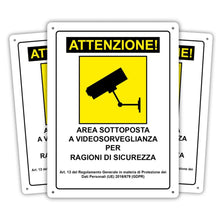 Carica l'immagine nel visualizzatore di Gallery, Cartelli Area Videosorvegliata 15x20 cm | Set 3 Pezzi in Polipropilene con Biadesivo Alta Tenuta e Fori | Esterno ed Int