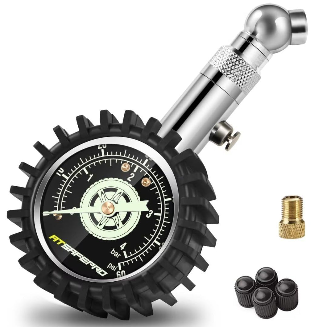 Manometro Pressione Gomme,ATsafepro Manometro pneumatici 4 bar 60psi certificato ANSI B40.1 preciso con ampio quadrante luminoso 2