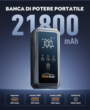 Carica l'immagine nel visualizzatore di Gallery, Avviatore Emergenza per Auto con Compressore 150PSI 8000A 21800mAh, YaberAuto Booster Avviamento Auto/Moto (Tutti Gas/10.0L Diesel), 12V Starter Batteria con Ricarica Rapida 18W,Uscita DC 160W,Torcia