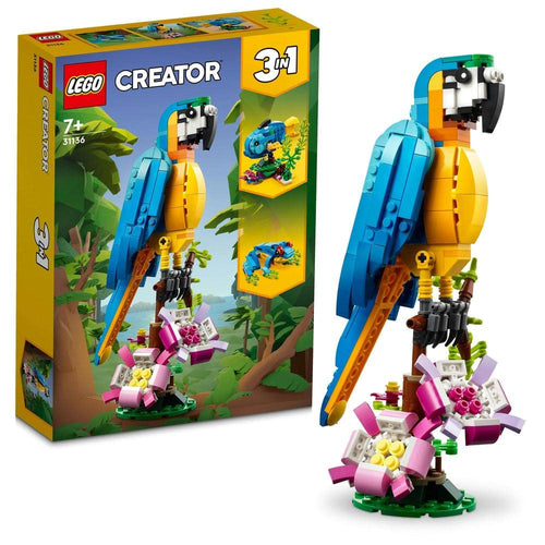 LEGO Creator Pappagallo Esotico, Set 3 in 1 con Pesce e Rana, Animali Giocattolo da Costruire, Giochi Creativi per Bambini e Bambine da 7 Anni in su con Figure della Giungla, Idee Regalo 31136