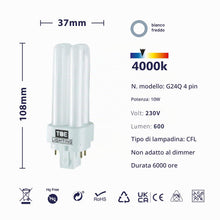 Carica l'immagine nel visualizzatore di Gallery, TBE LIGHTING 10w G24Q-1 - Lampada CFL a 4 pin, confezione da 2 unità, colore: Bianco freddo 4000 K, 600 lumen, luce fluo