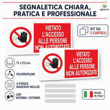 Carica l'immagine nel visualizzatore di Gallery, AGRICOM Cartello Divieto di Accesso – Vietato l’Accesso alle Persone Non Autorizzate | Kit 2 Cartelli 17 x 9,5 cm in Pol