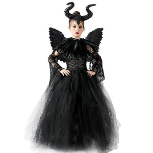Malefica Costume da Regina per bambine, Strega Cattiva Halloween, Abiti Tutu Principessa, Gonna Tulle Festa a Tema, Vestito Carnevale, Natale, Cosplay (XL 135-155 cm)