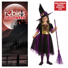 Carica l'immagine nel visualizzatore di Gallery, Rubies Costume Strega Magico per bambina, Vestito viola e dorato e capello, Ufficiale, Stregas, Witches per Halloween, Feste e Cosplay