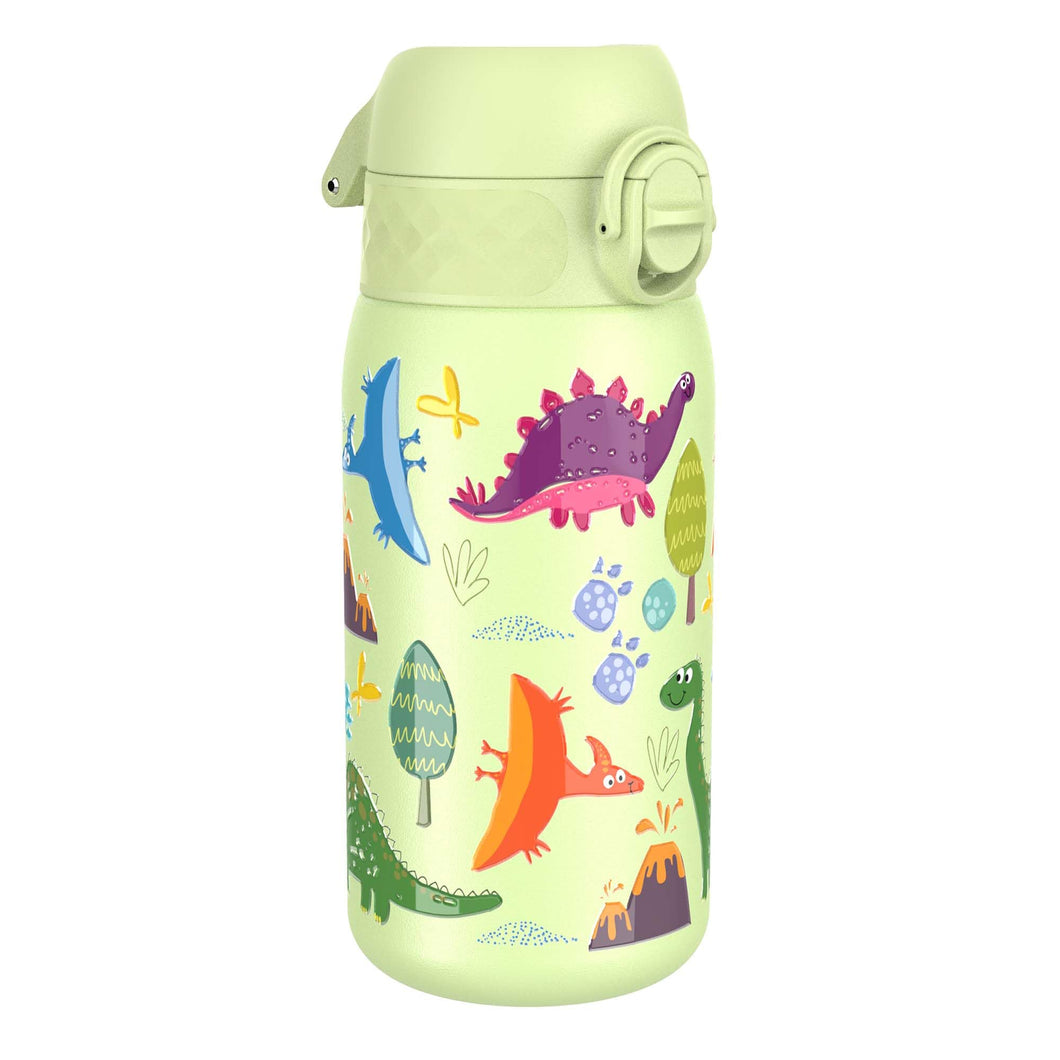 Ion8 Borraccia Acciaio per Bambini, 400ml, a Prova di Perdite, Facile da Aprire, Serratura Sicura, Lavabile in Lavastoviglie, Maniglia per il Trasporto, Facile Pulizia, Durevole, Design Dinosauri