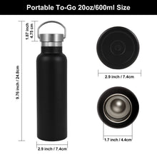 Carica l'immagine nel visualizzatore di Gallery, Volhoply 600ml Bottiglia in Acciaio Inox con Manico,Borraccia Termica Isolata a Prova di Perdite, Water Bottle a Doppia Parete Senza BPA, Bottiglie Sportive per Scuola,Lavoro(Nero, 1 set)