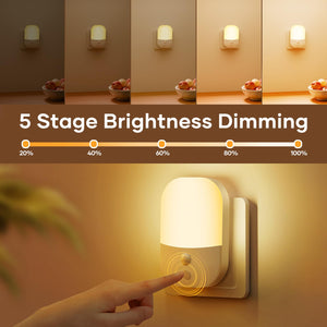 [2 Pezzi] Luce Notturna con Sensore Crepuscolare, 5 Livelli di Luminosità Regolabili, ON/OFF/AUTO Modalità, 3000K Bianco Caldo Luce Notturna Bambini per Camera da Letto, Soggiorno, Corridoio, 0,3W