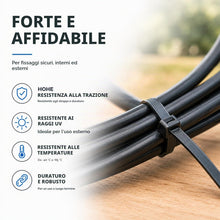 Carica l'immagine nel visualizzatore di Gallery, Set di 100 fascette stringicavo in nero, corte e lunghe, antistrappo e resistenti ai raggi UV, di diverse lunghezze (150