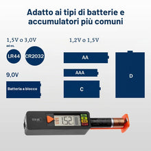 Carica l'immagine nel visualizzatore di Gallery, TFA Dostmann BatteryCheck Tester per batterie (AAA, AA, C, D), 98.1126.01, pila a bottone, batteria di blocco, indicator