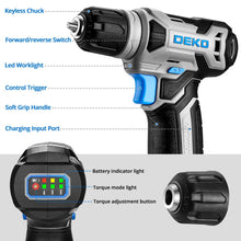 Carica l'immagine nel visualizzatore di Gallery, Trapano Avvitatore Batteria 42 accessori - DEKO PRO Trapano Avvitatore Blu con 10 mm Mandrino,Luce LED,Cavo di Ricarica 