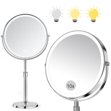 Carica l'immagine nel visualizzatore di Gallery, SURFOU Specchio Trucco con Luci LED 10X/1X, Specchio Ingranditore Bifacciale con 3 Modalità di Illuminazione e Luminosità Regolabile, Altezza Regolabile, Rotazione 360°, per Bagno e Toeletta