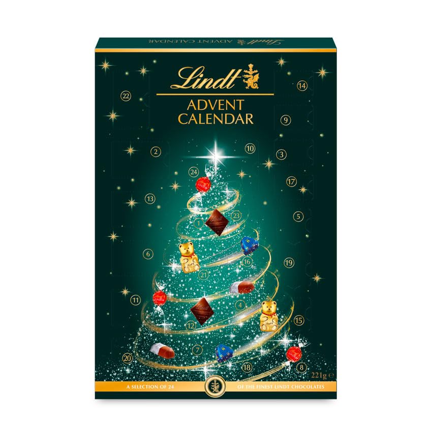 Lindt Calendario Avvento Albero, Praline di Cioccolato Assortite in confezione natalizia, Formato 221g