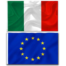 Carica l'immagine nel visualizzatore di Gallery, Bandiere Italia e Unione Europea 90x150 cm – Set 2 Pezzi con 2 Occhielli in Metallo, Bandiera Italiana e Bandiera UE in 