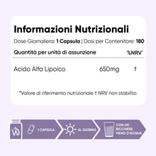 Carica l'immagine nel visualizzatore di Gallery, Acido Alfa Lipoico, 100% Puro, 650mg per Capsula, 180 Capsule, 1 al Giorno