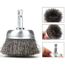 Carica l'immagine nel visualizzatore di Gallery, Set di 9 spazzole metalliche per trapano, fusto rotondo da 6 mm, spazzole in filo di acciaio per rimozione ruggine e col
