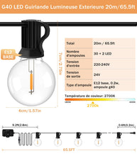 Carica l'immagine nel visualizzatore di Gallery, JEYMORKEY Catena Luci da Esterno Giardino - G40 65Ft 20M 30+2 LED Lampadine Esterno Filo IP44 Lucine da Esterno Giardino 20 Metri Luce Catena Luminosa Fila Catene Esterno Gazebo Lampade per Terrazzo