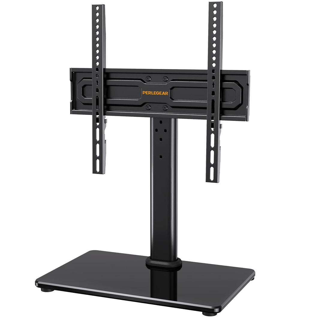 PERLEGEAR Supporto TV da Tavolo Girevole per TV da 24-60 Pollici Fino a 40 kg, Universale Supporto TV da Tavolo Regolabile in Altezza, Piedistallo TV con Base in Vetro Temperato Max VESA 400x400mm