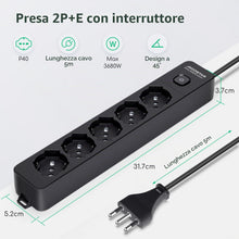 Carica l'immagine nel visualizzatore di Gallery, Aigostar Multipresa Ciabatta Elettrica a 5 Posti Presa con Interruttore, 250v/3680W Cavo 5m. Nero