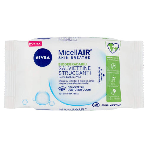 NIVEA MicellAir® Skin Breathe Salviettine Struccanti 25 pezzi, Salviette struccanti per tutti i tipi di make-up, Salviettine viso delicate in tessuto 100% naturale