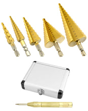 Carica l'immagine nel visualizzatore di Gallery, QWORK® 5-Taglie Fresa Conica Punte Coniche Rivestito in Titanio - HSS 4241-4-12mm/3-13mm/4-20mm/5-35mm/4-32mm per Lastre