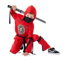 Carica l'immagine nel visualizzatore di Gallery, Costume da ninja rosso con cappuccio, pantaloni, nastri e spada giocattolo per bambini, festa cosplay di Halloween