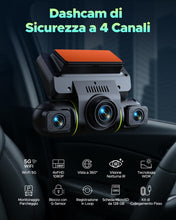 Carica l'immagine nel visualizzatore di Gallery, LAMTTO Dash Cam Auto 360 Gradi Dashcam Controllo APP WiFi 5G 4 Canali Telecamera per Auto Monitoraggio del Parcheggio IR Visione Notturna Kit di Cablaggio Scheda 128GB Gratuita