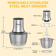 Carica l'immagine nel visualizzatore di Gallery, NWOUIIAY Tritacarne Elettrico In Acciaio Inox 600W 2L Rimovibile 2 Livelli di Velocità Protezione dal Surriscaldamento con 4 Lame Ciotola e Pad in Plastica per Carne Verdura e Frutta